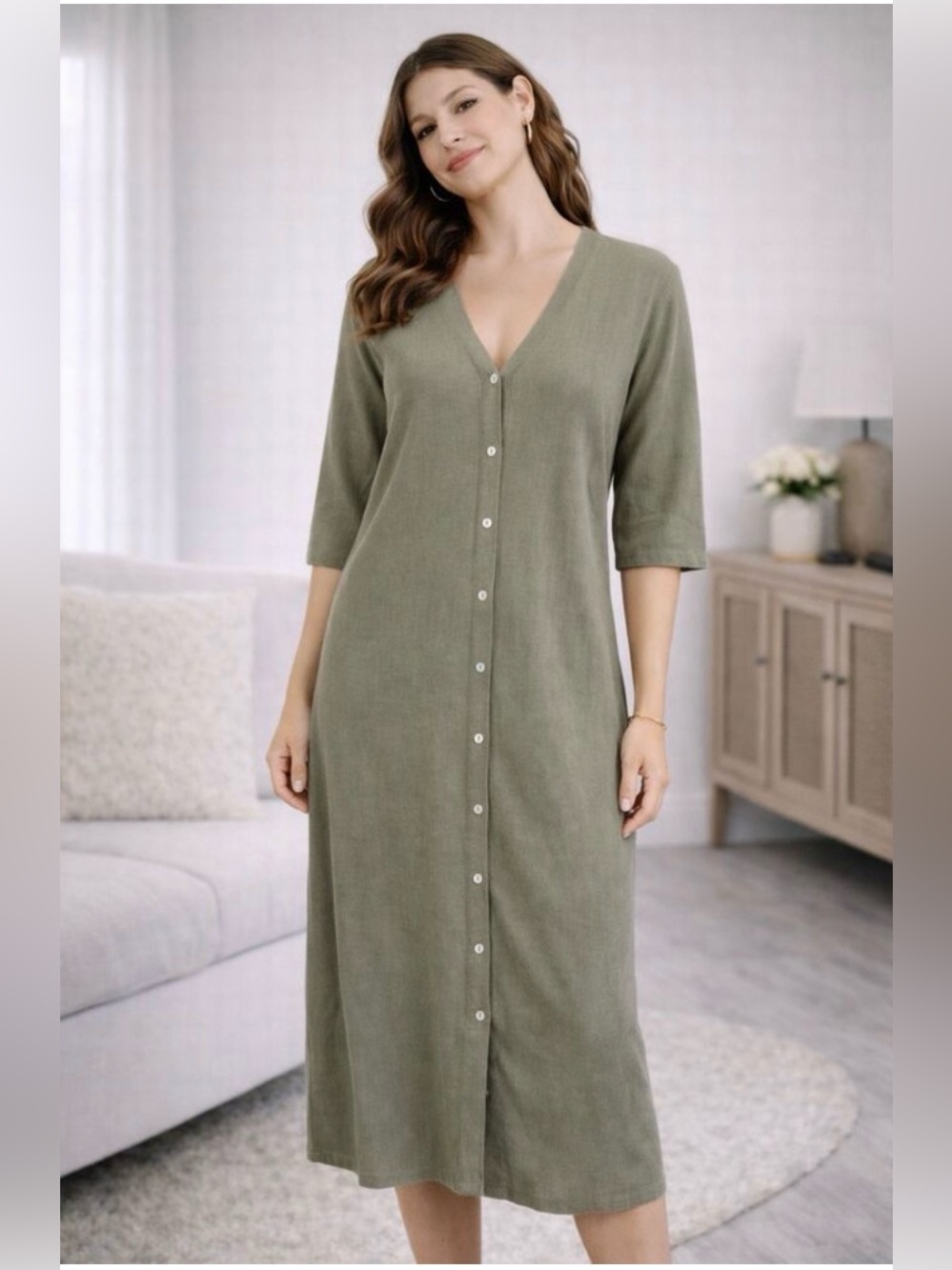 J. Jill Linen Blend Button Front Short Sleeve Dress in  Sage Green